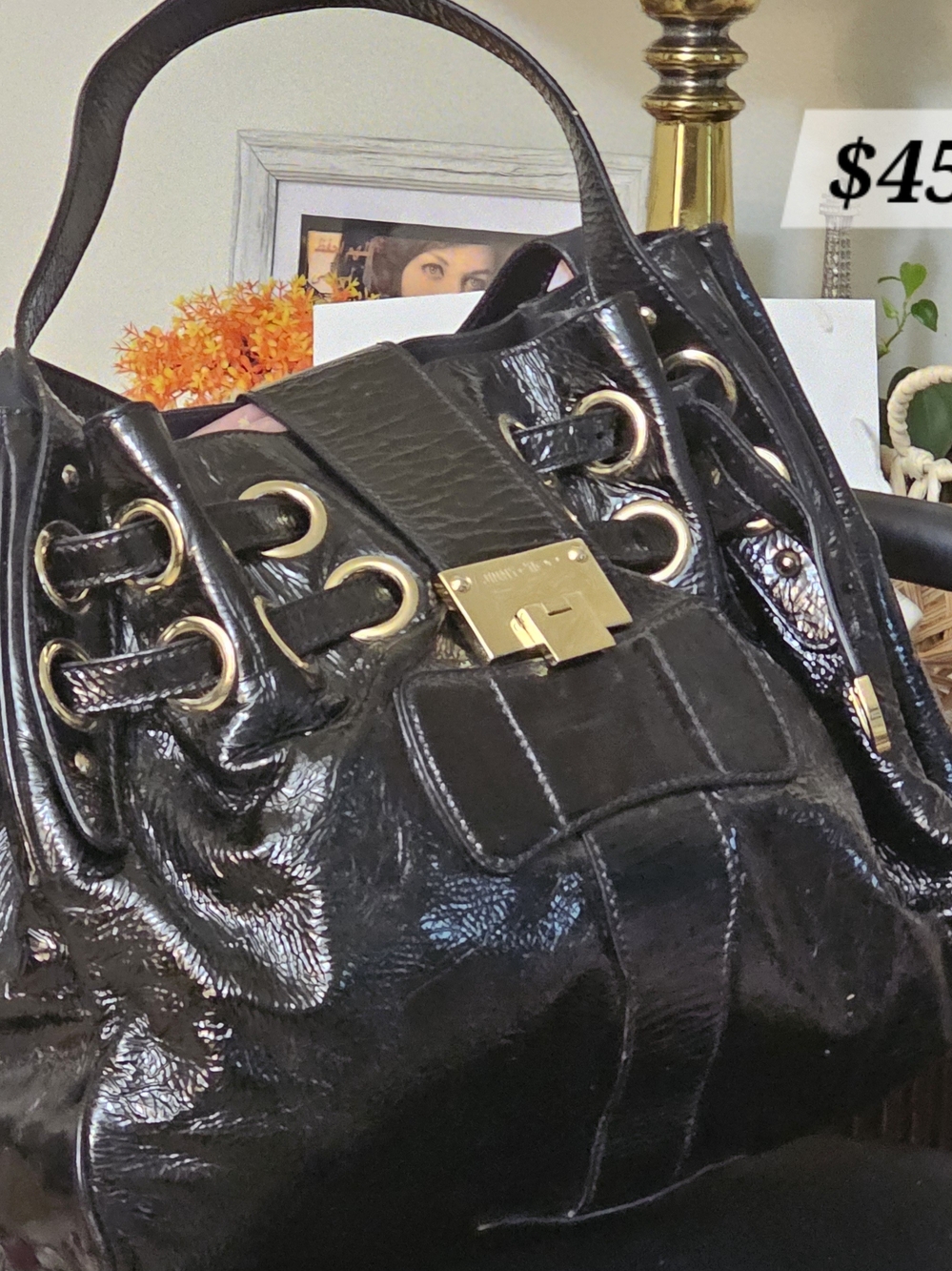 Jimmy Choo Black Patent Leather Shoulder Bag with Gold Hardware